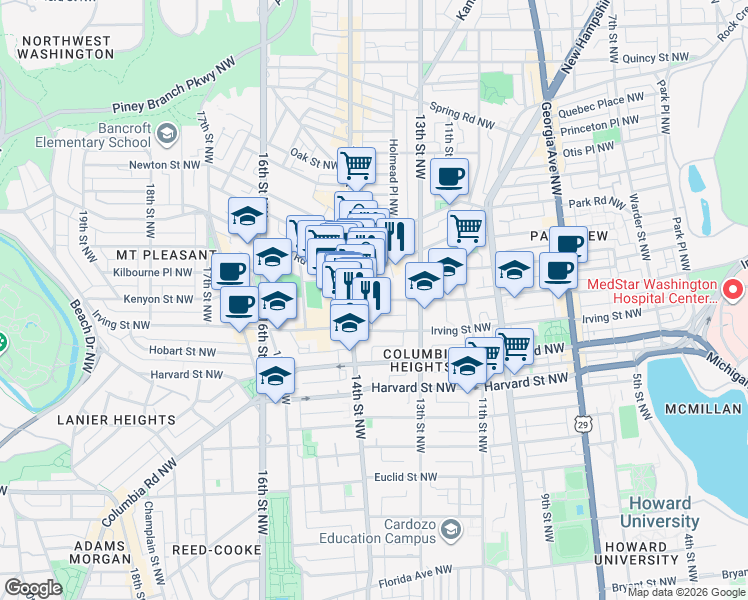 map of restaurants, bars, coffee shops, grocery stores, and more near Kenyon Street Northwest in Washington
