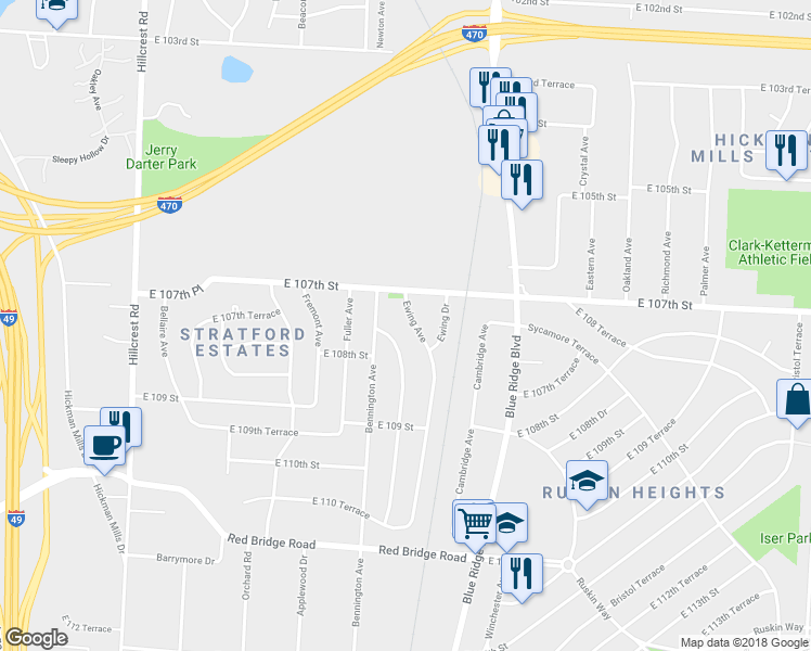 map of restaurants, bars, coffee shops, grocery stores, and more near 10710 Ewing Avenue in Kansas City