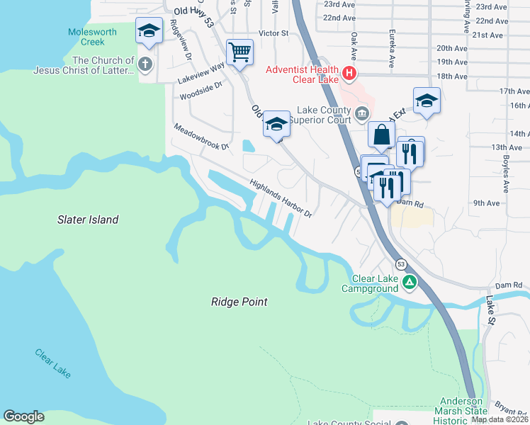 map of restaurants, bars, coffee shops, grocery stores, and more near 7332 Anchor Drive in Clearlake