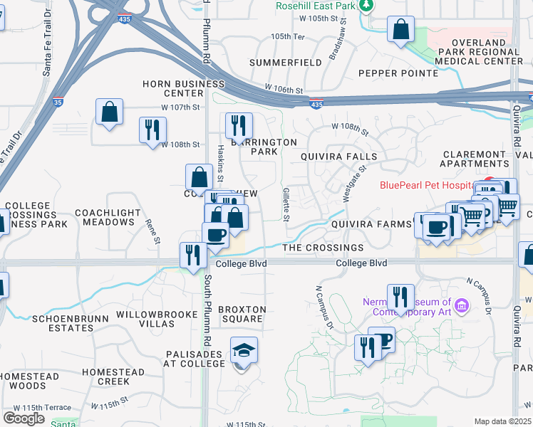 map of restaurants, bars, coffee shops, grocery stores, and more near 10961 Richards Court in Lenexa