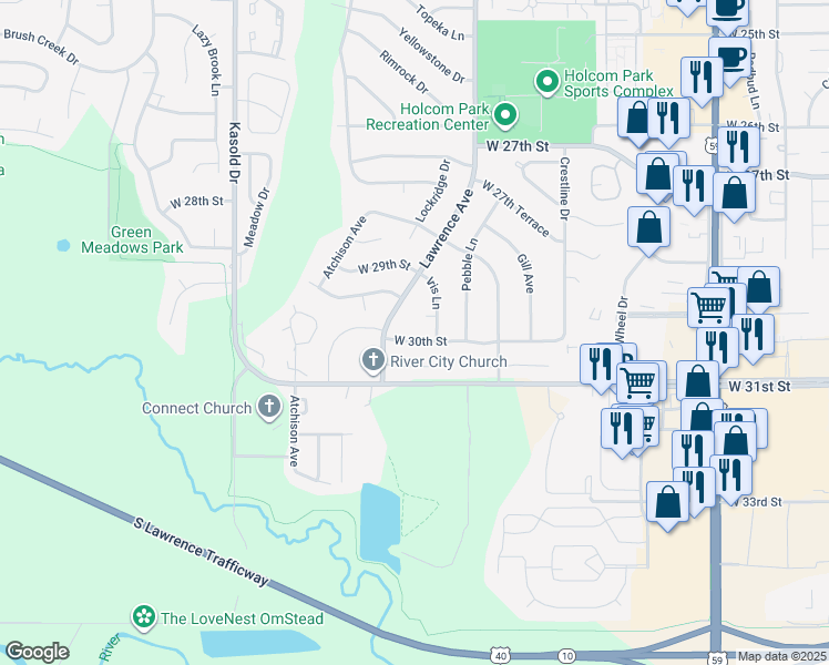 map of restaurants, bars, coffee shops, grocery stores, and more near 3012 West 30th Street in Lawrence