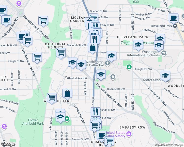 map of restaurants, bars, coffee shops, grocery stores, and more near 3010 Wisconsin Avenue Northwest in Washington