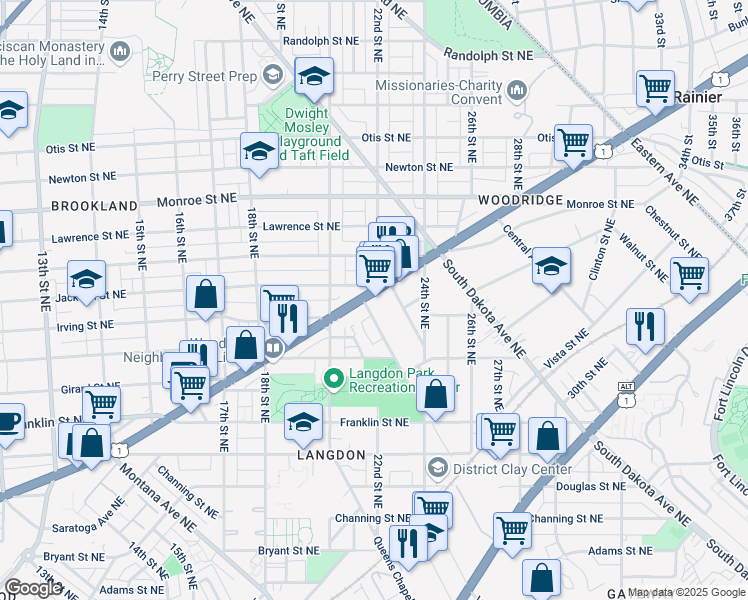 map of restaurants, bars, coffee shops, grocery stores, and more near 2111 Rhode Island Avenue Northeast in Washington