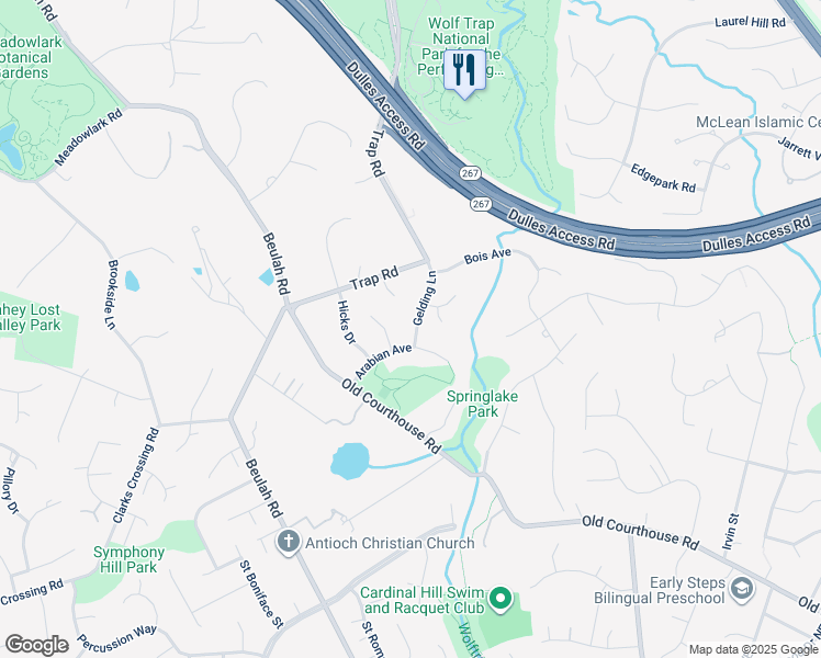 map of restaurants, bars, coffee shops, grocery stores, and more near 1704 Gelding Lane in Vienna