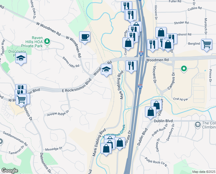 map of restaurants, bars, coffee shops, grocery stores, and more near 6713 Overland Drive in Colorado Springs