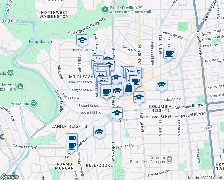 map of restaurants, bars, coffee shops, grocery stores, and more near 3132 16th Street Northwest in Washington