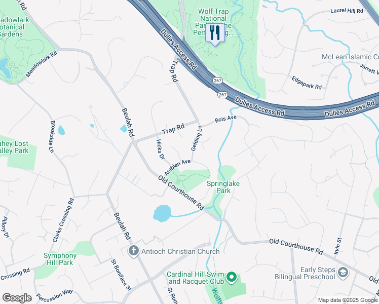 map of restaurants, bars, coffee shops, grocery stores, and more near 1704 Gelding Lane in Vienna