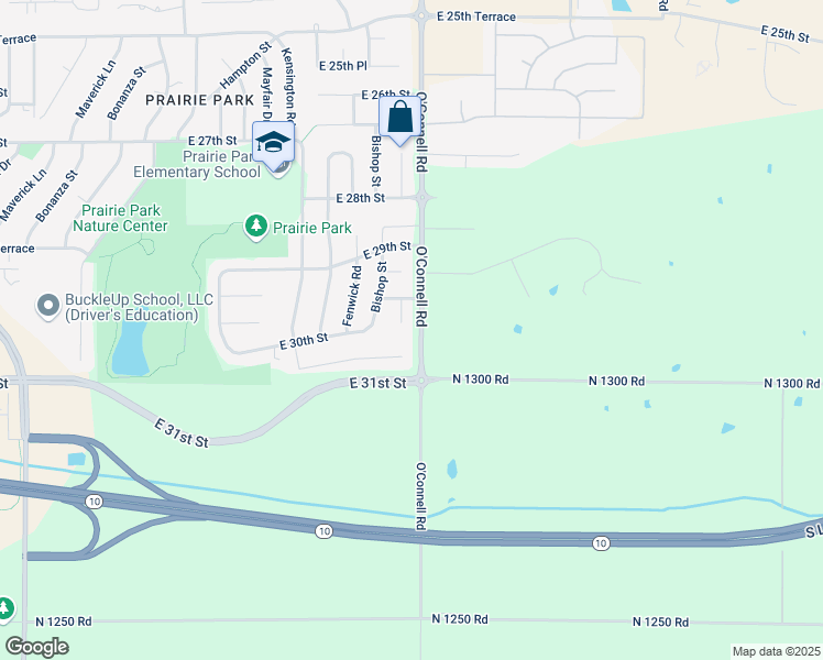 map of restaurants, bars, coffee shops, grocery stores, and more near 2936 Prairie Court in Lawrence