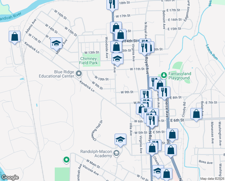 map of restaurants, bars, coffee shops, grocery stores, and more near 842 North Shenandoah Avenue in Front Royal