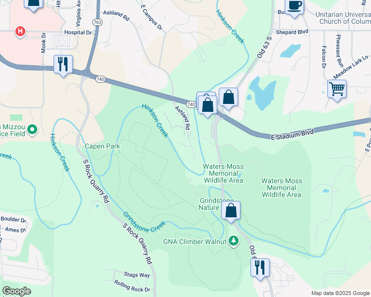 map of restaurants, bars, coffee shops, grocery stores, and more near 1712 Canyon Drive in Columbia