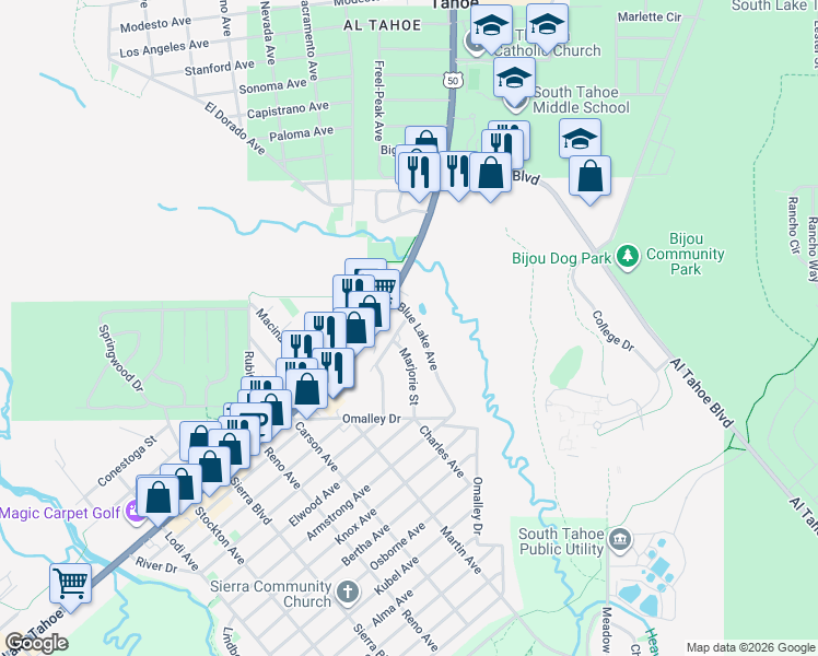 map of restaurants, bars, coffee shops, grocery stores, and more near 1032 Blue Lake Avenue in South Lake Tahoe