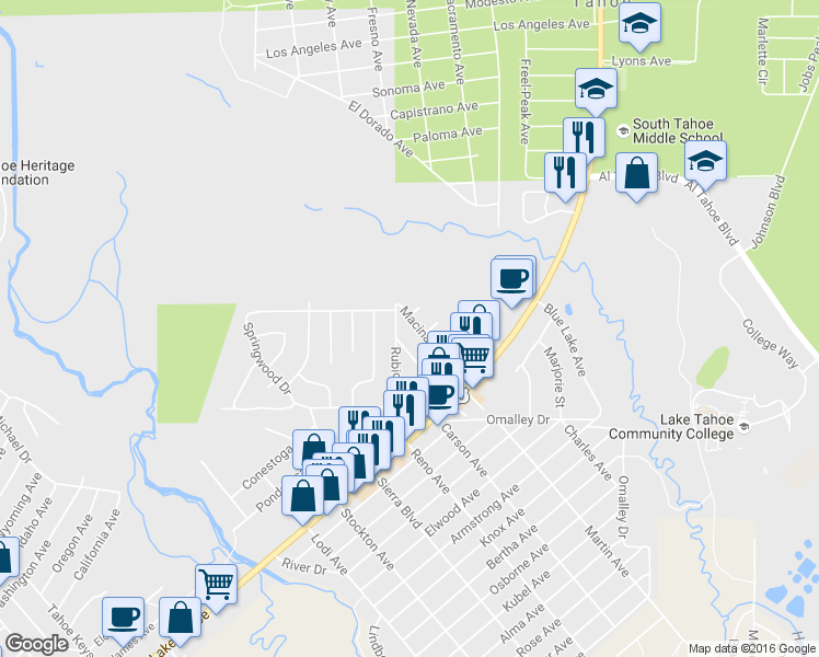 map of restaurants, bars, coffee shops, grocery stores, and more near 909 Rubicon Trail in South Lake Tahoe
