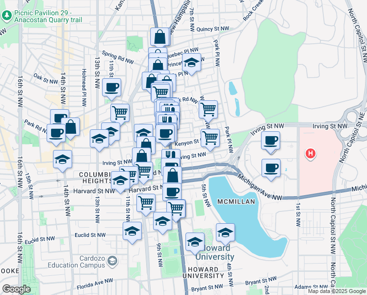 map of restaurants, bars, coffee shops, grocery stores, and more near 630 Kenyon Street Northwest in Washington