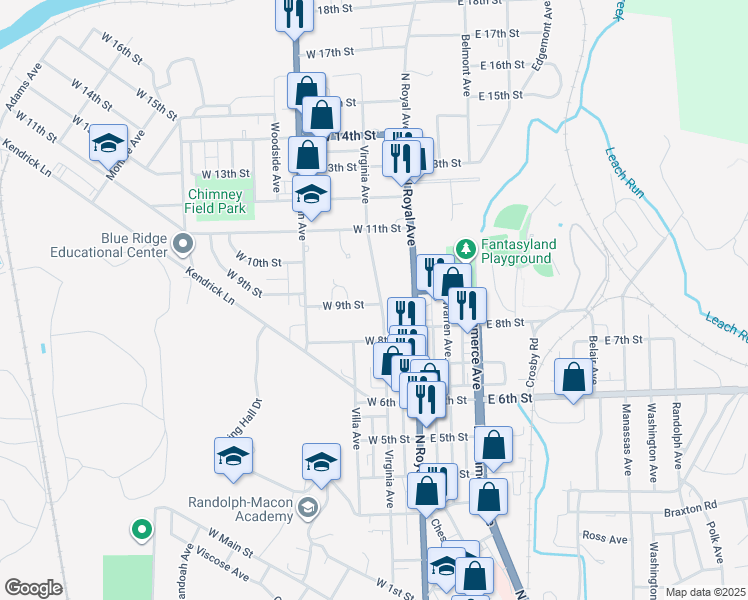 map of restaurants, bars, coffee shops, grocery stores, and more near 118 West 9th Street in Front Royal