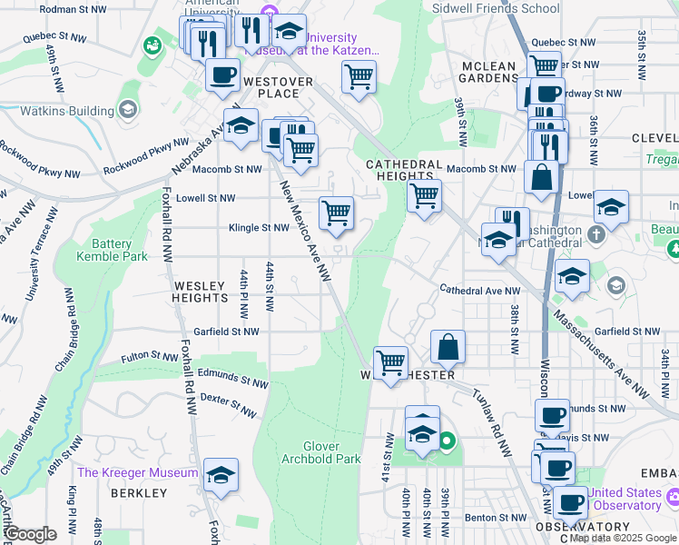 map of restaurants, bars, coffee shops, grocery stores, and more near 4200 Cathedral Avenue Northwest in Washington