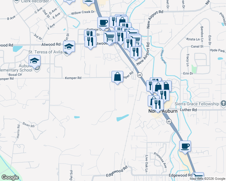 map of restaurants, bars, coffee shops, grocery stores, and more near 2160 Precision Place in Auburn