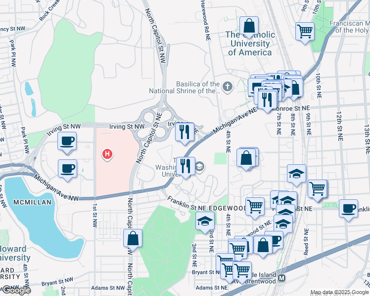 map of restaurants, bars, coffee shops, grocery stores, and more near 216 Michigan Avenue Northeast in Washington