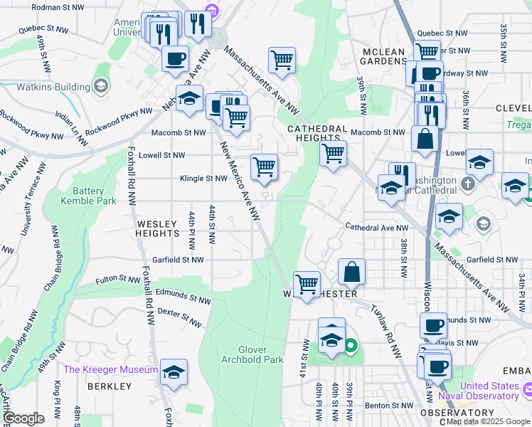 map of restaurants, bars, coffee shops, grocery stores, and more near 4200 Cathedral Avenue Northwest in Washington