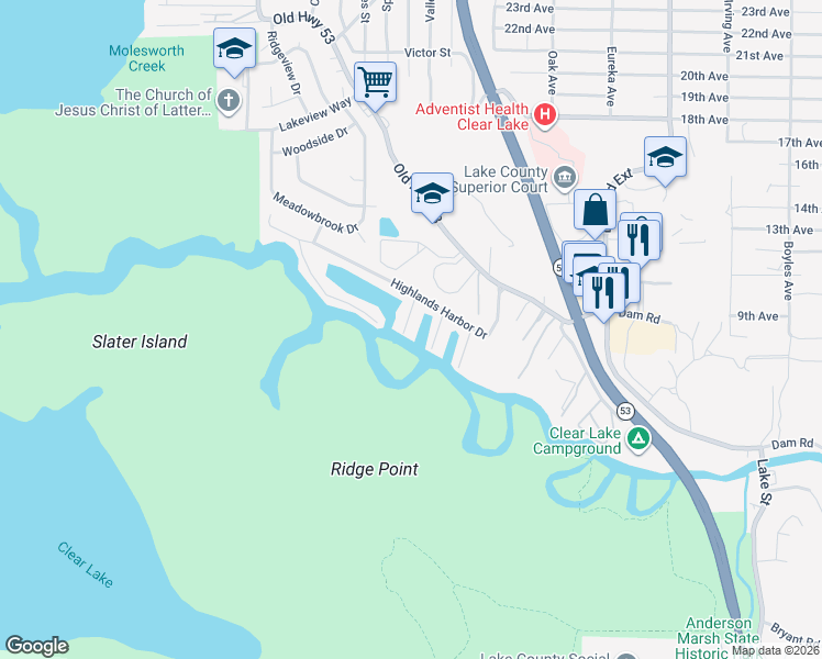 map of restaurants, bars, coffee shops, grocery stores, and more near 7332 Anchor Drive in Clearlake