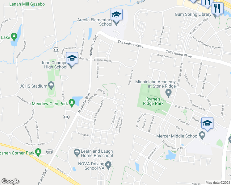 map of restaurants, bars, coffee shops, grocery stores, and more near Culbertson Terrace in Aldie