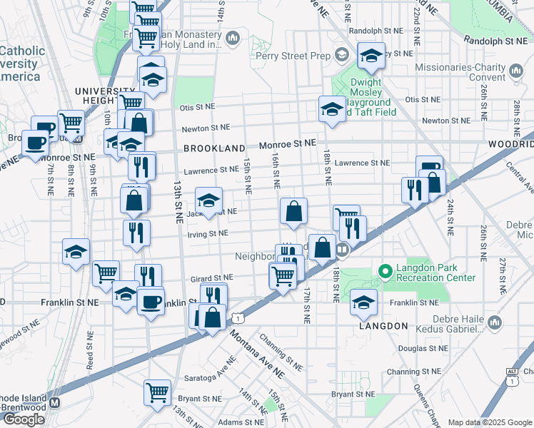 map of restaurants, bars, coffee shops, grocery stores, and more near 1517 Jackson Street Northeast in Washington