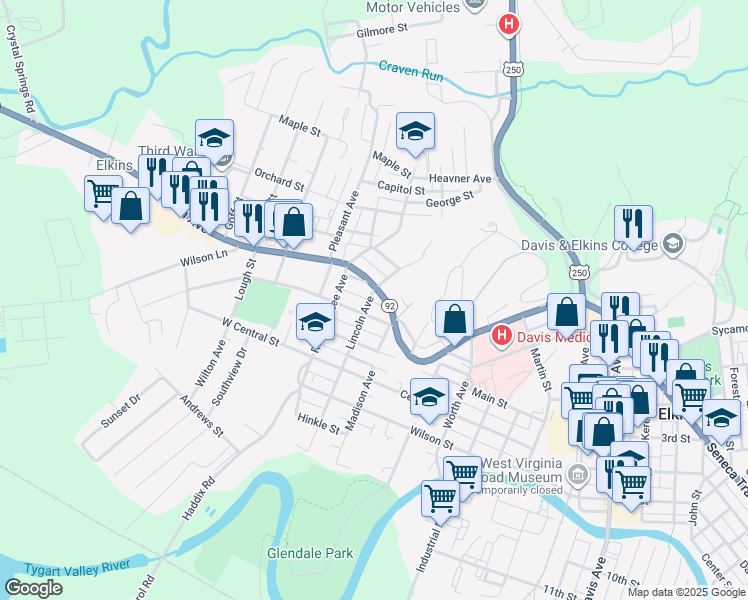 map of restaurants, bars, coffee shops, grocery stores, and more near 401 Lincoln Avenue in Elkins