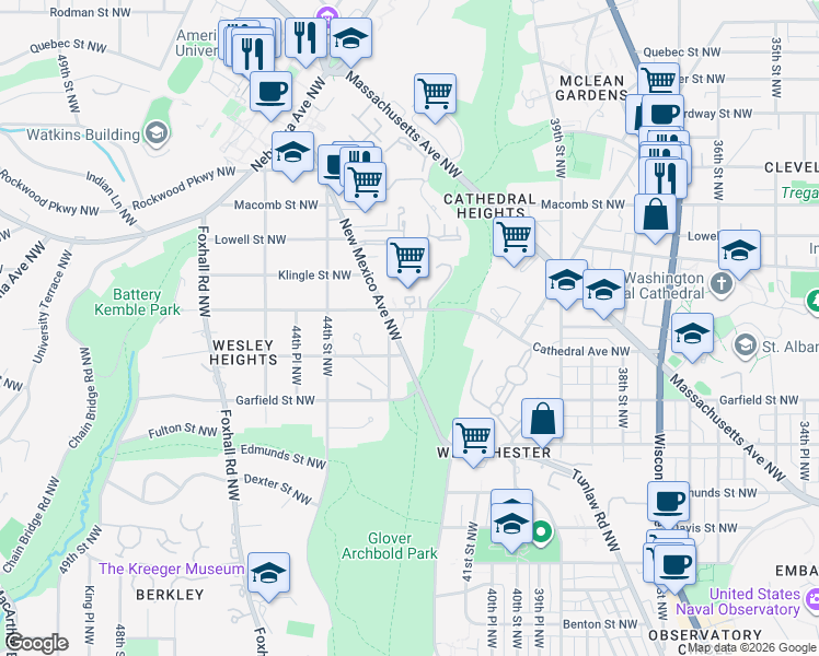 map of restaurants, bars, coffee shops, grocery stores, and more near 4200 Cathedral Avenue Northwest in Washington