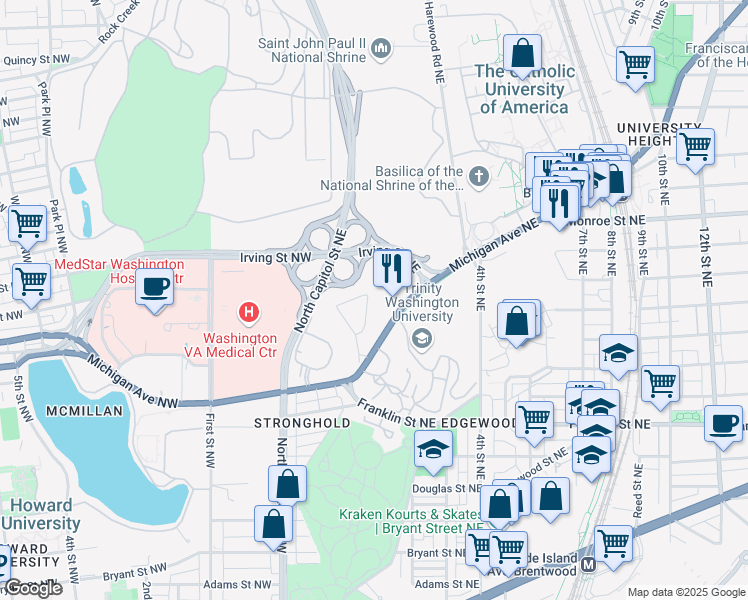 map of restaurants, bars, coffee shops, grocery stores, and more near 132 Michigan Avenue Northeast in Washington