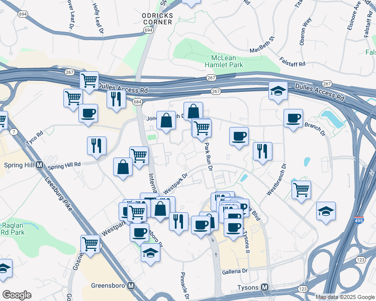 map of restaurants, bars, coffee shops, grocery stores, and more near 8220 Crestwood Heights Drive in McLean