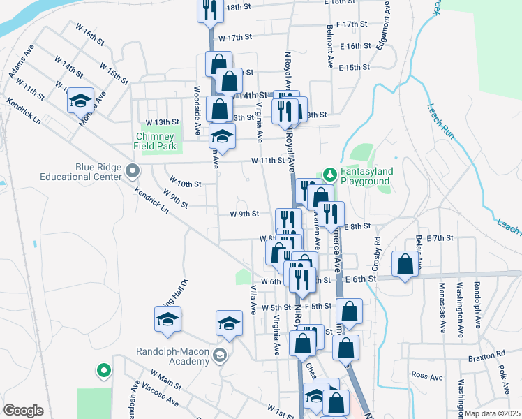 map of restaurants, bars, coffee shops, grocery stores, and more near 111 West 9th Street in Front Royal