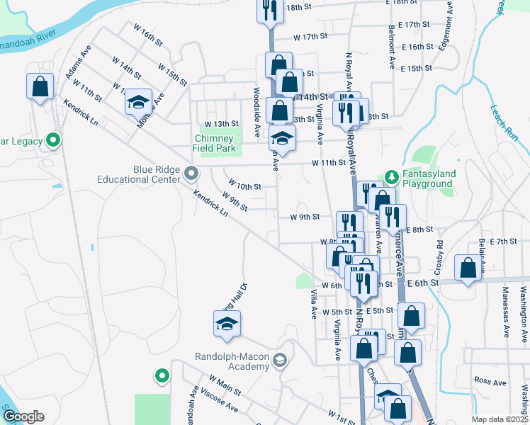 map of restaurants, bars, coffee shops, grocery stores, and more near 316 West 9th Street in Front Royal