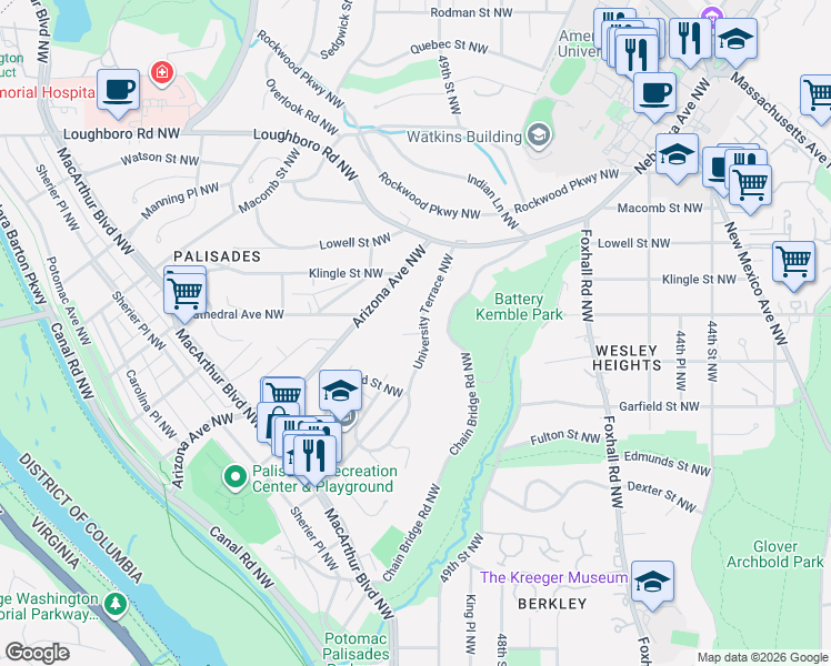 map of restaurants, bars, coffee shops, grocery stores, and more near 3000 University Terrace Northwest in Washington