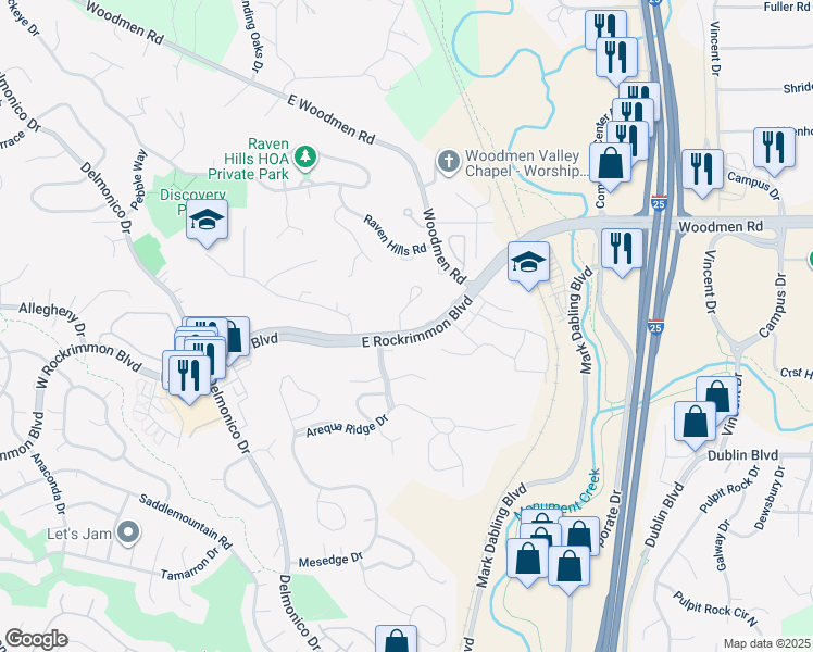 map of restaurants, bars, coffee shops, grocery stores, and more near 6815 Dauntless Court in Colorado Springs