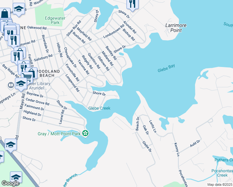 map of restaurants, bars, coffee shops, grocery stores, and more near 612 Delmar Road in Edgewater