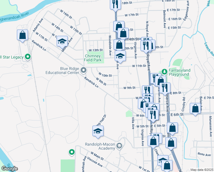map of restaurants, bars, coffee shops, grocery stores, and more near 336 West 9th Street in Front Royal