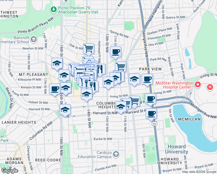 map of restaurants, bars, coffee shops, grocery stores, and more near 101 Independence Avenue Southeast in Washington