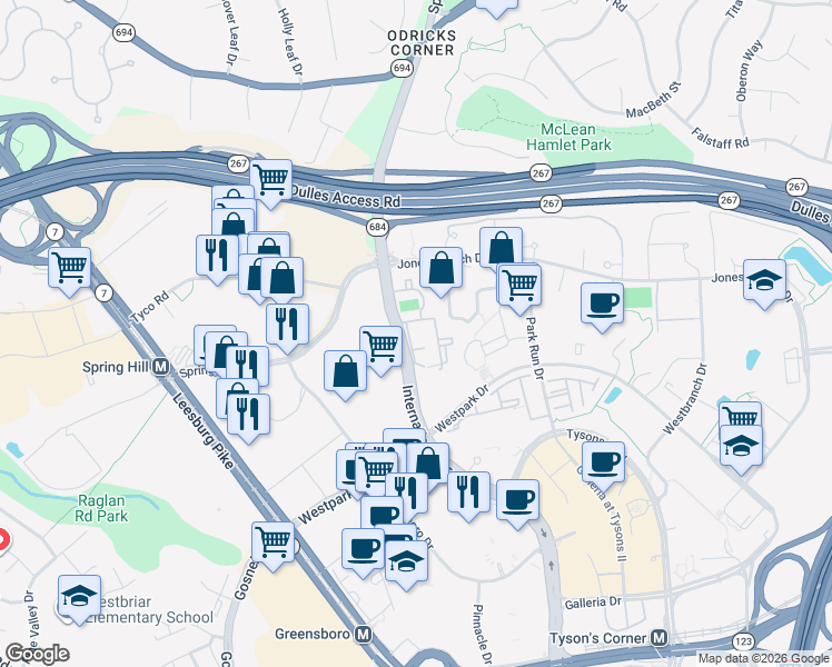 map of restaurants, bars, coffee shops, grocery stores, and more near 1526 Lincoln Circle in Tysons