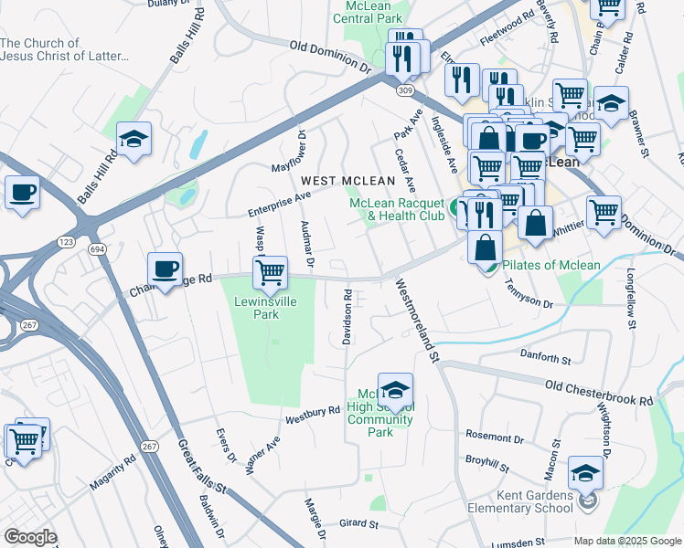 map of restaurants, bars, coffee shops, grocery stores, and more near 1626 Chain Bridge Road in McLean