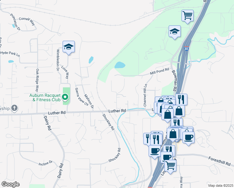 map of restaurants, bars, coffee shops, grocery stores, and more near Mill Road in Auburn