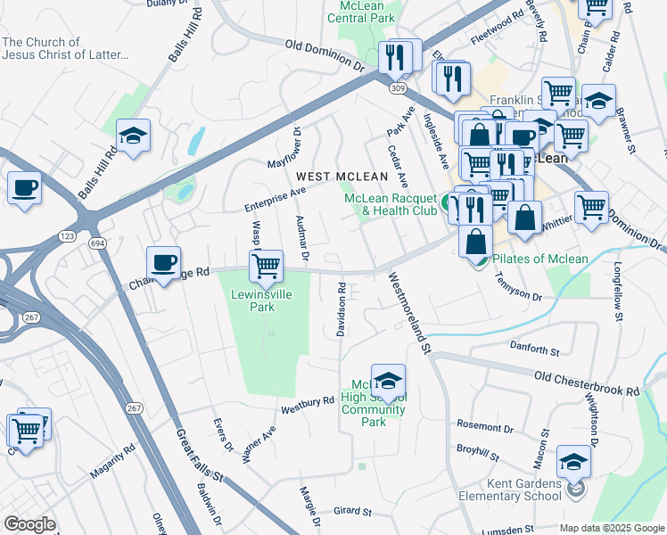 map of restaurants, bars, coffee shops, grocery stores, and more near 1626 Chain Bridge Road in McLean