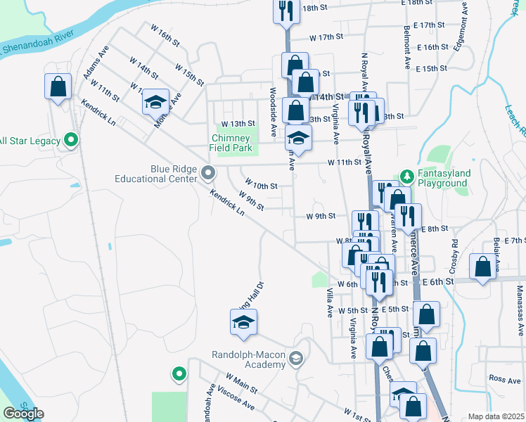 map of restaurants, bars, coffee shops, grocery stores, and more near 340 West 9th Street in Front Royal