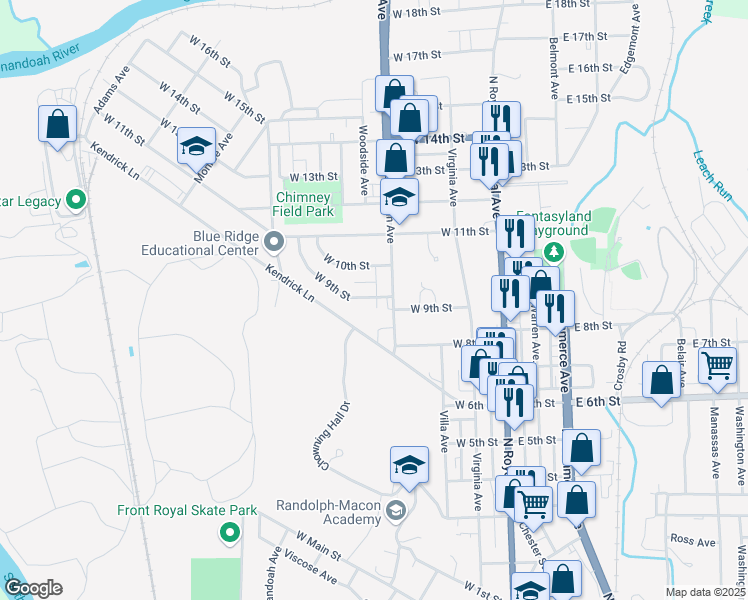 map of restaurants, bars, coffee shops, grocery stores, and more near 316 West 9th Street in Front Royal