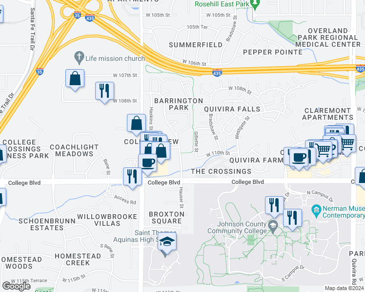map of restaurants, bars, coffee shops, grocery stores, and more near 10963 Richards Court in Overland Park