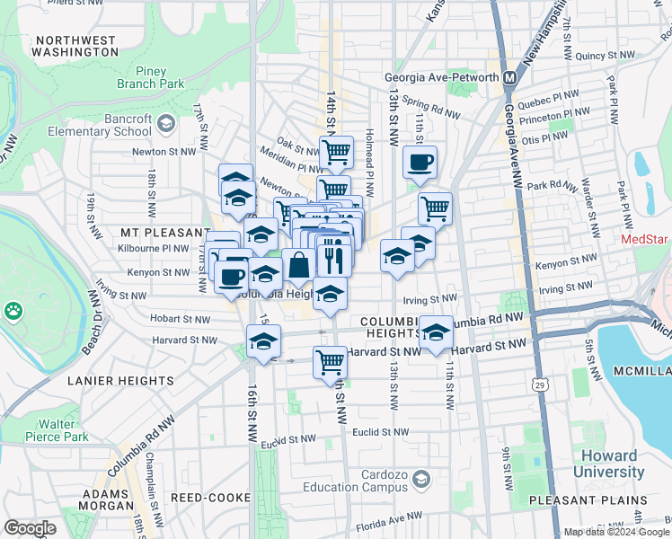 map of restaurants, bars, coffee shops, grocery stores, and more near 1390 Kenyon Street Northwest in Washington