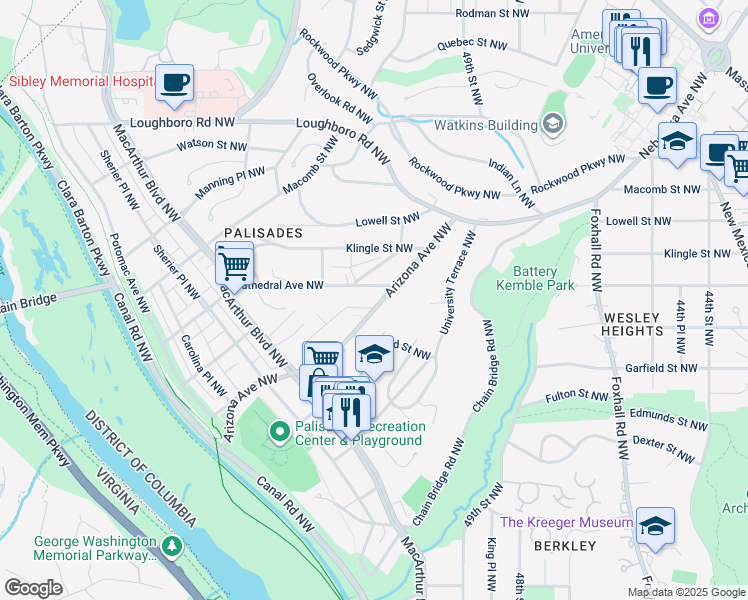 map of restaurants, bars, coffee shops, grocery stores, and more near 2930 Arizona Avenue Northwest in Washington