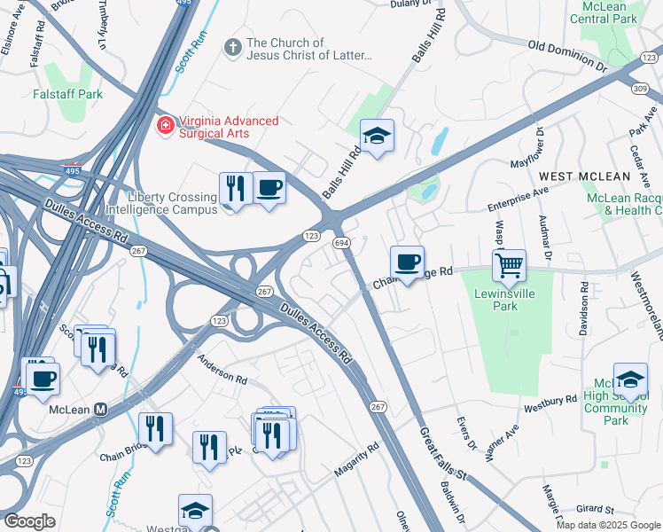 map of restaurants, bars, coffee shops, grocery stores, and more near Eldorado Street in McLean