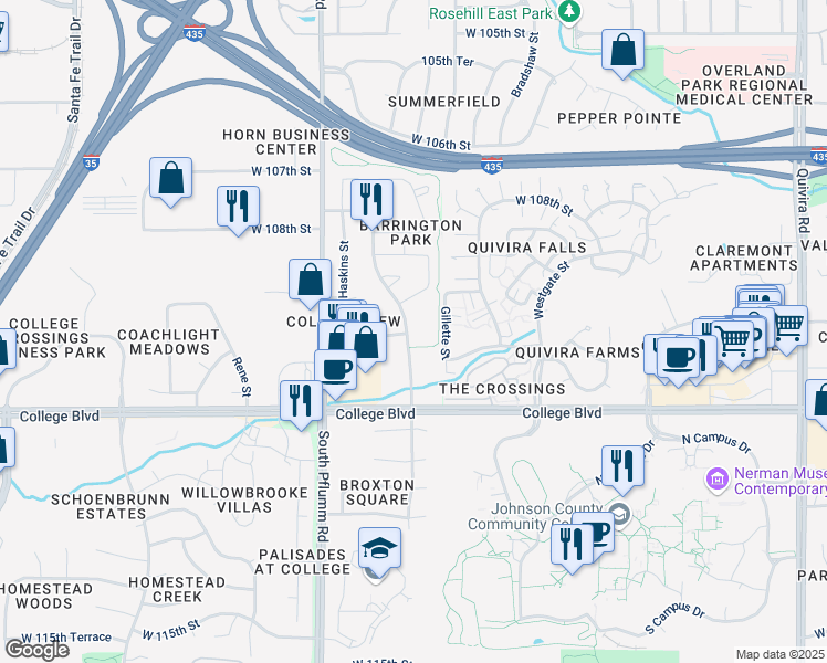 map of restaurants, bars, coffee shops, grocery stores, and more near 10961 Richards Court in Lenexa