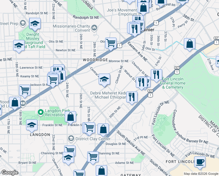 map of restaurants, bars, coffee shops, grocery stores, and more near Central Avenue Northeast in Washington