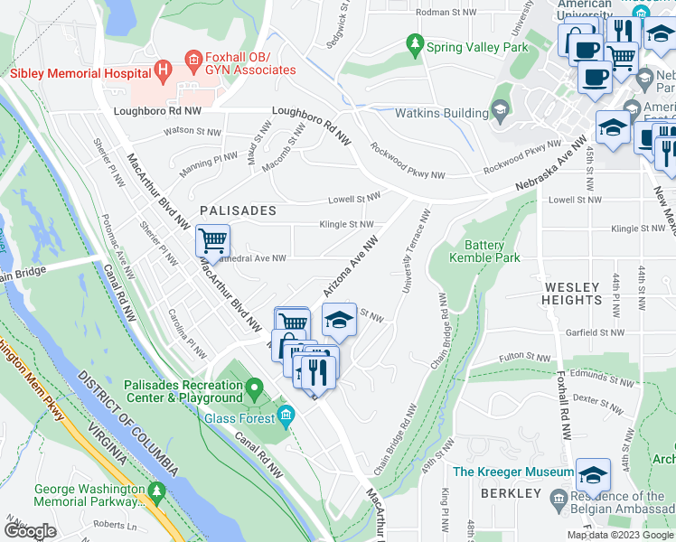 map of restaurants, bars, coffee shops, grocery stores, and more near 2930 Arizona Avenue Northwest in Washington