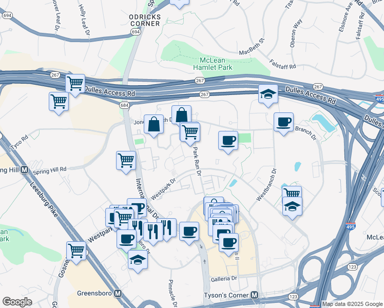 map of restaurants, bars, coffee shops, grocery stores, and more near 8200 Crestwood Heights Drive in Tysons